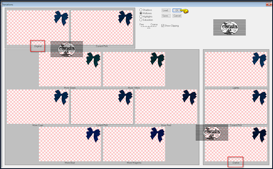 Effecten - Insteekfilters - Adjust - Variations : 1 x Original en 1 x Darker en klik op OK